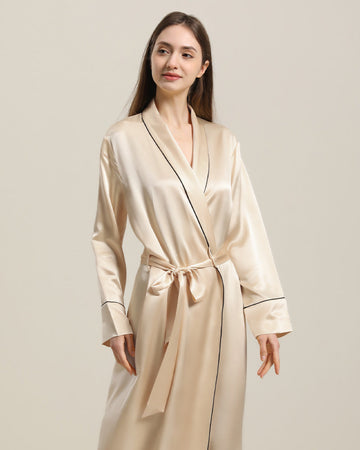 ZASILK | 22 Momme Contrast Trim Full Length Silk Robe, Luxurious Comfort with Timeless Elegance