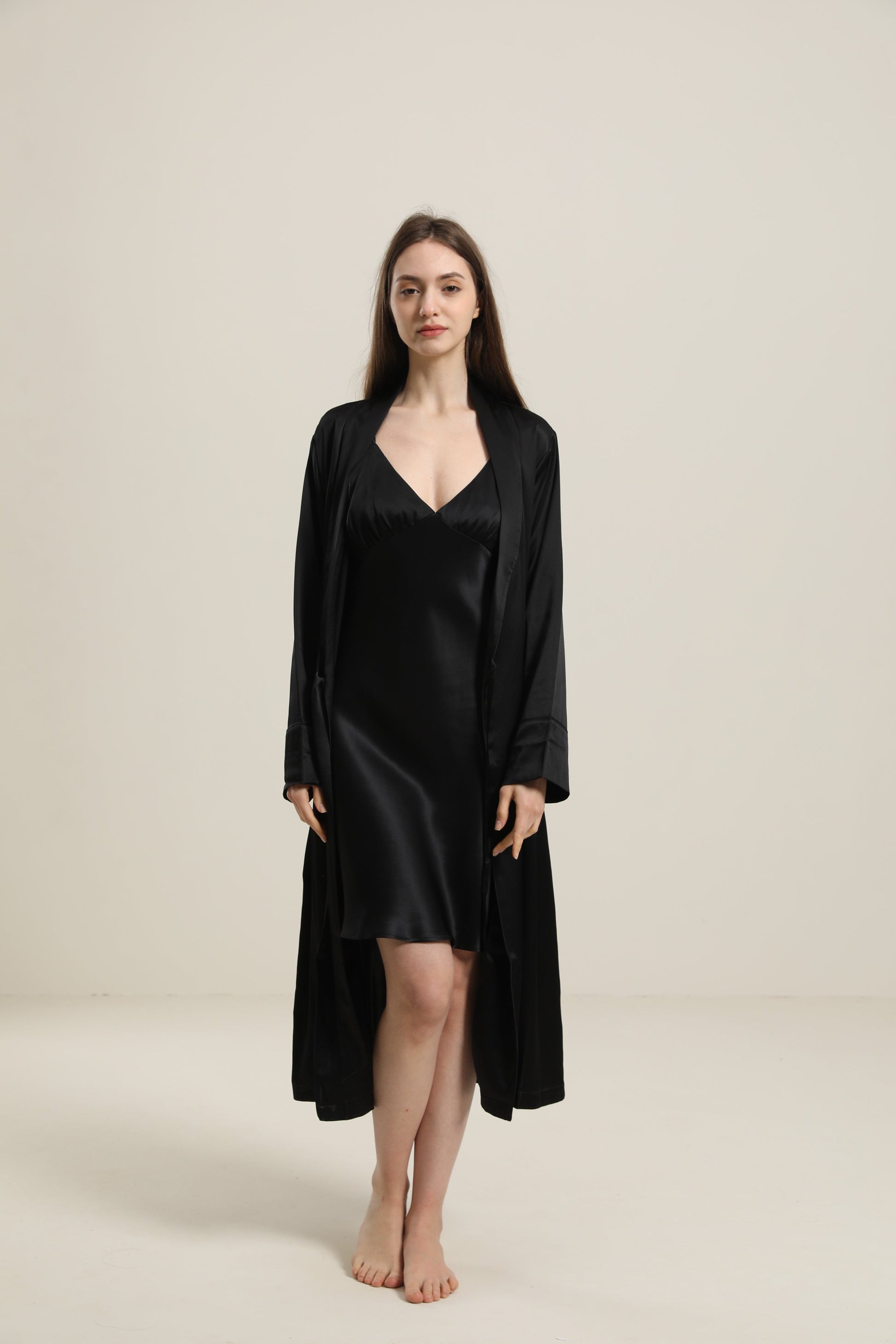 ZASILK | 22 Momme Contrast Trim Full Length Silk Robe, Luxurious Comfort with Timeless Elegance