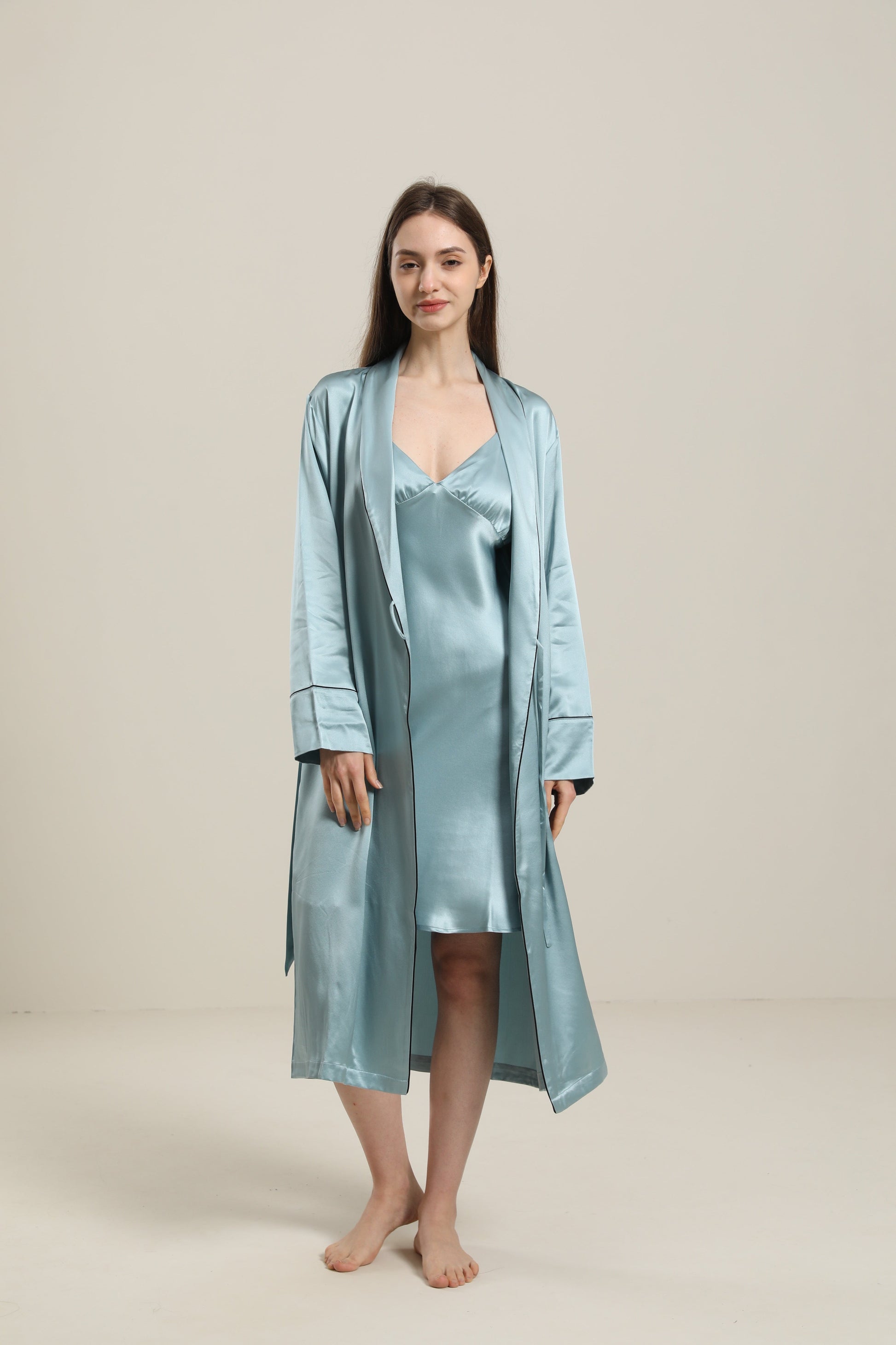 ZASILK | 22 Momme Contrast Trim Full Length Silk Robe, Luxurious Comfort with Timeless Elegance