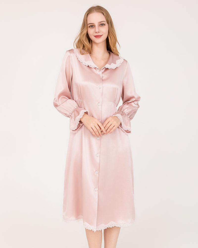 ZASILK | 22 Momme Long-Sleeve Silk Dress with Lace Ruffled Cuffs, Luxurious Comfort for Every Night