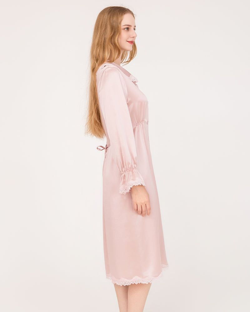 ZASILK | 22 Momme Long-Sleeve Silk Dress with Lace Ruffled Cuffs, Luxurious Comfort for Every Night