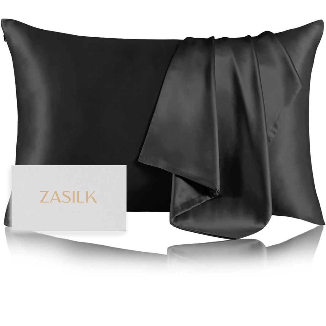 Elegant black ZASILK pure mulberry silk pillowcase in 22-Momme 6A grade silk for a restful sleep experience.