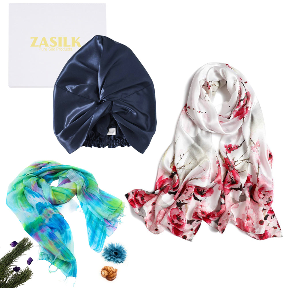 Assortment of Silk Accessories on White Background - Featuring Silk Scarves, and Silk Bonnet from ZASILK